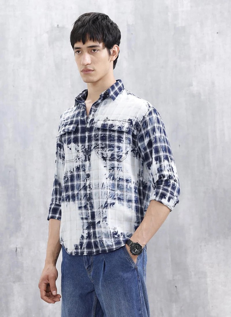 Wrogn Distressed Plaid Check Shirt With Pockets | Blue